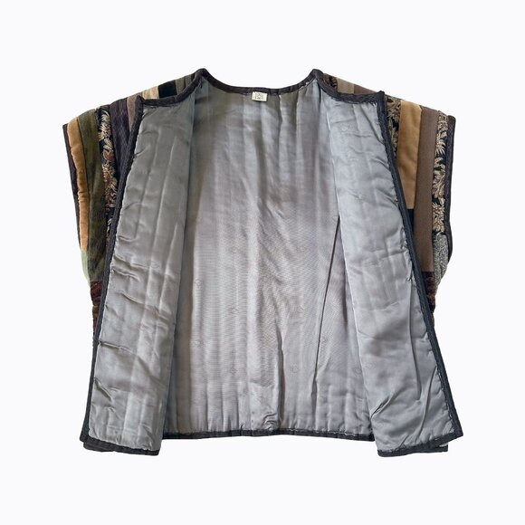 Vintage Quilted Patchwork Open Front Vest Sz L Earthy Brown Mixed Media Boho Art - Picture 3 of 9